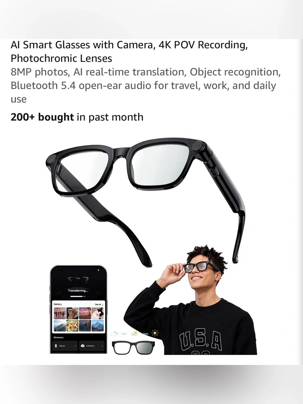 AI Smart Glasses with Camera, 4K POV Recording, Photochromic